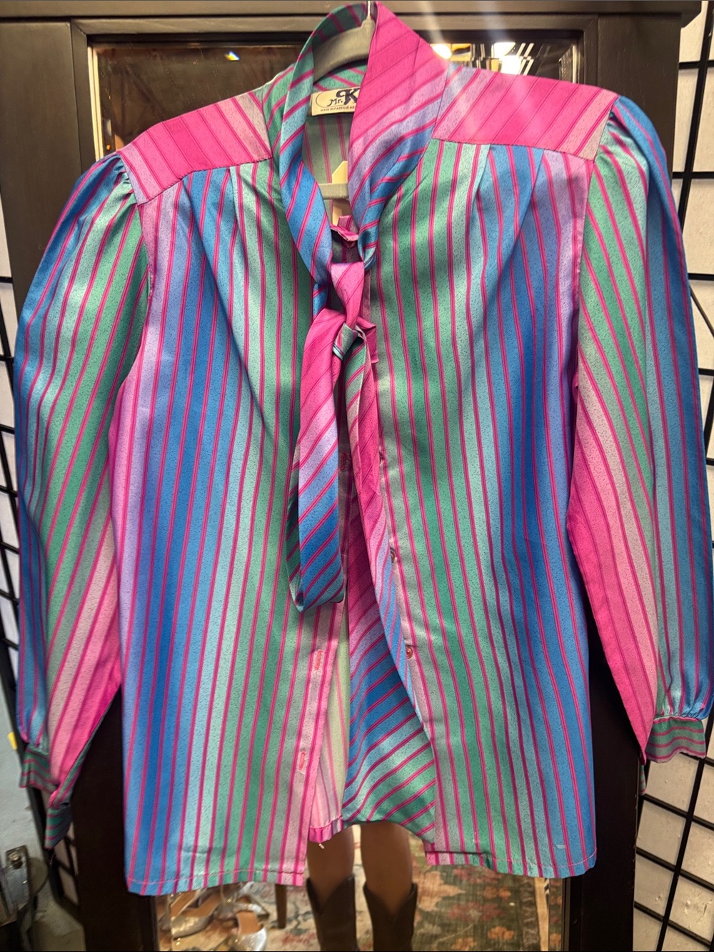 Vintage Striped Tie-Neck Blouse in Pink, Blue & Green